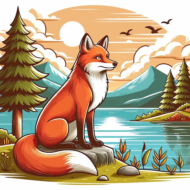 Vecteur un renard au bord du lac