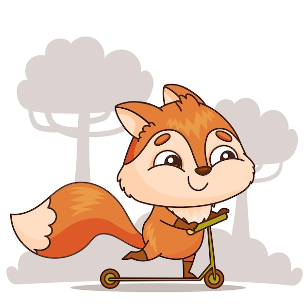 Un Renard De Dessin Animé Heureux Sur Un Scooter Dans Un Parc.