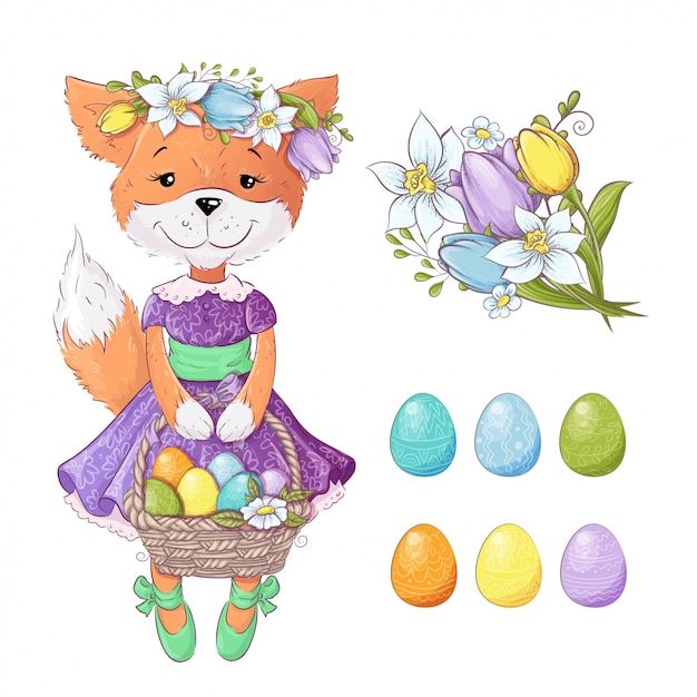 Renard de dessin animé mignon avec un bouquet de tulipes et avec des oeufs de Pâques colorés. Illustration vectorielle