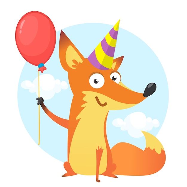 Vecteur renard drôle de bande dessinée tenant un ballon rouge et un chapeau de fête d'anniversaire illustration vectorielle pour carte postale d'anniversaire conception pour impression