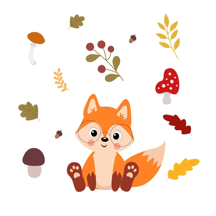 Vecteur renard avec feuilles et guimauves