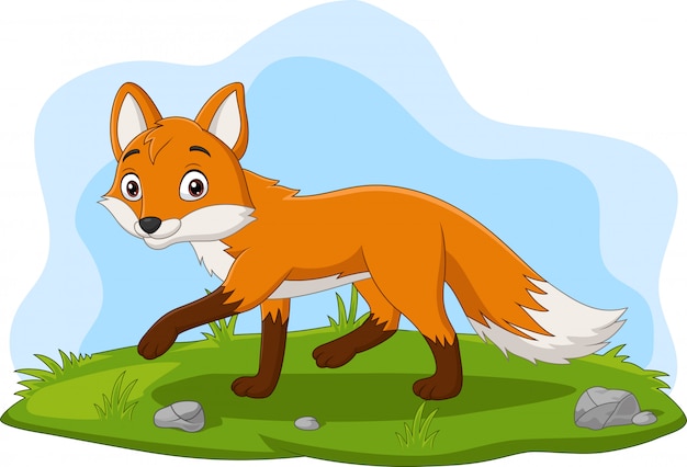 Renard heureux de dessin animé marchant dans l'herbe