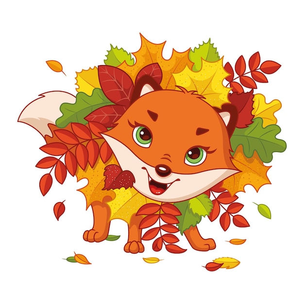 Renard Ludique En Automne Laisse Vector Illustration De Dessin Animé