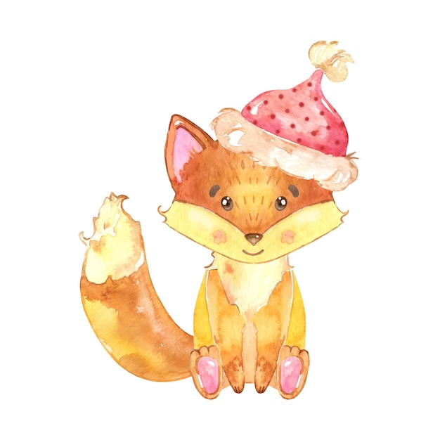 Renard Mignon Aquarelle En Bonnet De Père Noël