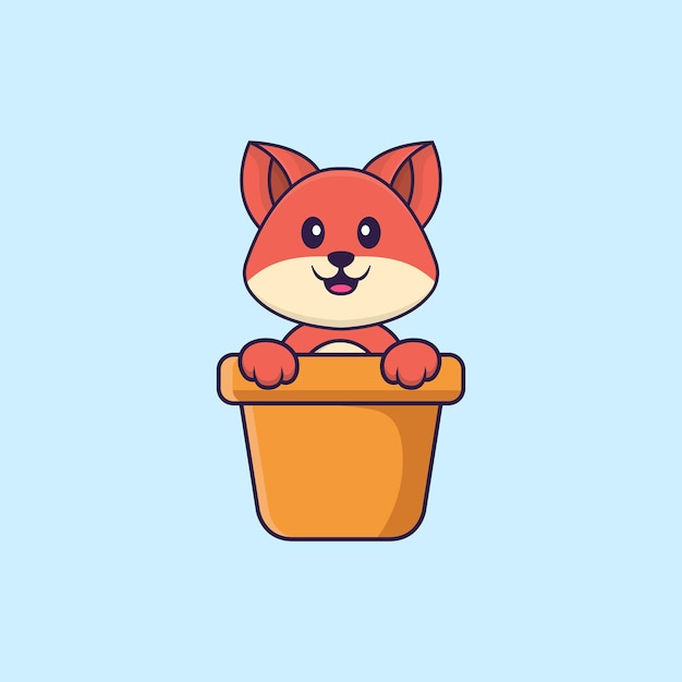 Renard Mignon Dans Un Vase à Fleurs Concept De Dessin Animé Animal Isolé Style De Dessin Animé Plat