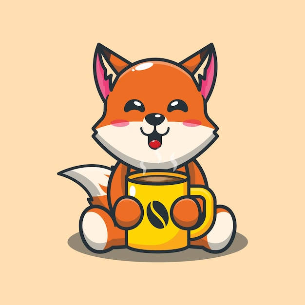 Renard mignon avec du café chaud Illustration de dessin animé animal mignon