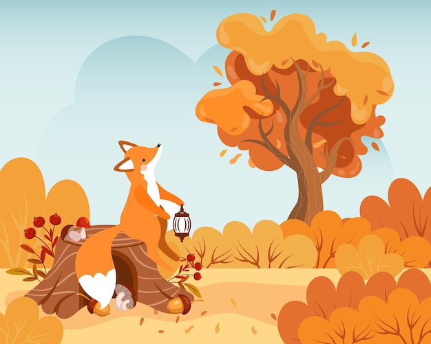 Vecteur renard mignon avec une lanterne sur une souche dans la forêt d'automne, paysage. illustration, impression pour enfants