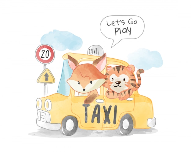 Renard Mignon Et Tigre En Illustration De Taxi Jaune