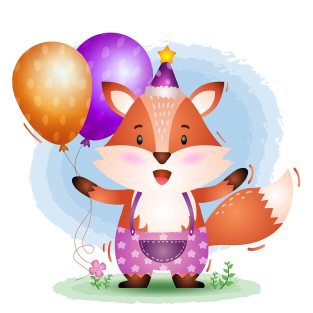 Vecteur un renard mignon utilisant un chapeau d'anniversaire et tient un ballon