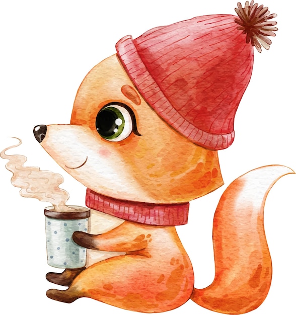 Vecteur renard roux dans un chapeau rouge et une tasse de café
