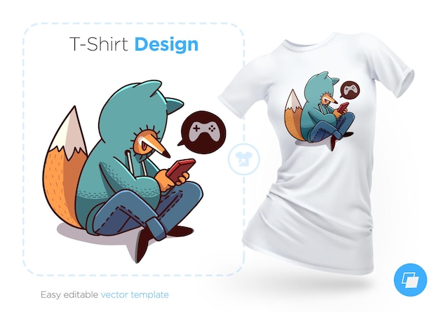 Vecteur renard en sweat à capuche jouant à la conception de t-shirt de jeu mobile imprimer pour des affiches de vêtements ou des souvenirs