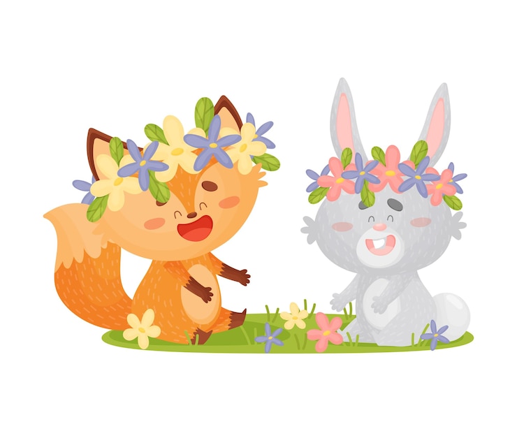 Vecteur renards de dessin animé et lièvre avec des couronnes de fleurs sur la tête sur une pelouse verte illustration vectoriel sur fond blanc