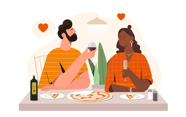 Vecteur rencontre romantique avec un homme et une femme de pizza assis avec des verres de vin et de la nourriture italienne traditionnelle