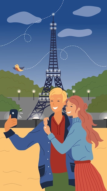 Vecteur rencontre et voyage concept.homme et femme font selfie sur la tour eiffel.dating selfie photo mode de vie des gens modernes, composition avec couple amoureux.