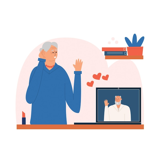 Vecteur rencontres en ligne pour personnes âgées une femme âgée communique avec un homme plus âgé via un chat vidéo