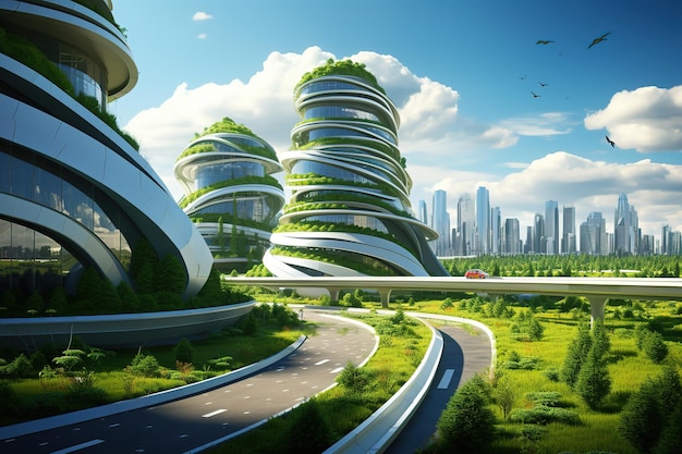 Vecteur rendering 3d d'une ville verte futuriste et respectueuse de l'environnement avec une architecture sophistiquée