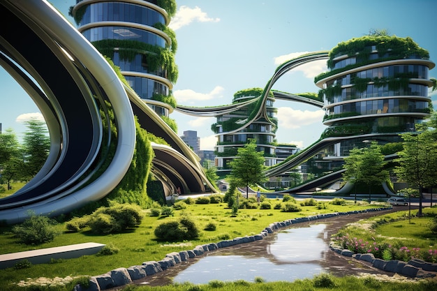 Vecteur rendering 3d d'une ville verte futuriste et respectueuse de l'environnement avec une architecture sophistiquée