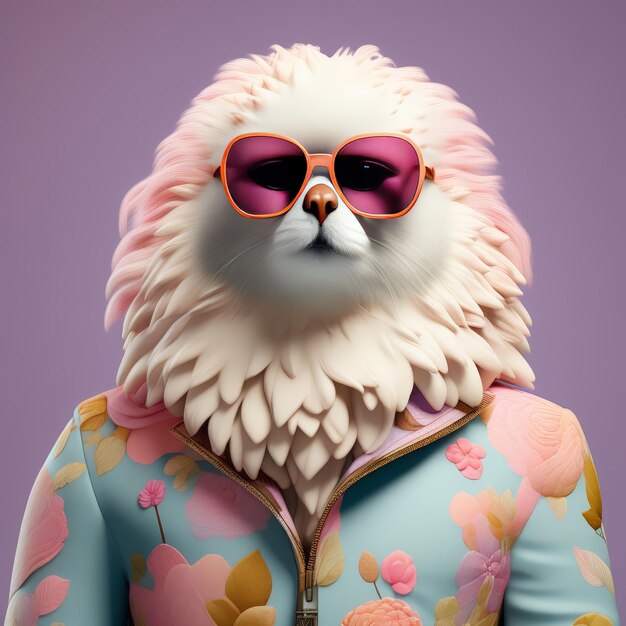 Vecteur rendez-vous en 3d d'un mignon chat portant des lunettes de soleil avec de la fourrure et un chapeau