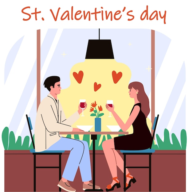 Vecteur rendez-vous romantique saint valentin homme et femme buvant du vin au restaurant célébration du 14 février