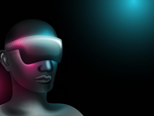 Vecteur rendu 3d du visage de l'homme portant des lunettes vr et effet de lumières sur fond sombre