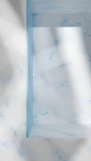 Vecteur rendu 3d de fond de marbre vertical avec mur bleu et podium vide. surface propre pour salle de bain