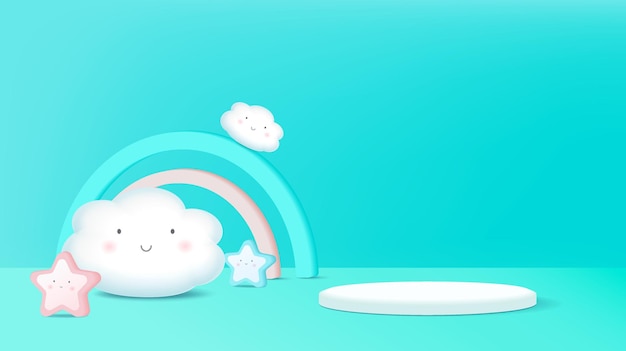 Vecteur rendu 3d de podium de style enfant avec des nuages de fond pastel de couleur et la météo avec de l'espace pour les enfants ou les produits pour bébés