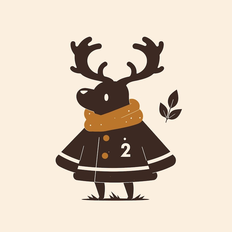 Rennes de dessin animé avec manteau d'hiver et foulard