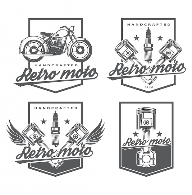 Réparation De Logo Et Restauration D'équipements Vintage. Garage Classiques. Logo élégant Pour Les Réparations Automobiles. Icône Pour La Boutique En Ligne De Pièces. Set Emblème Avec Piston Et Moto.