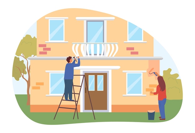 Réparation de la maison concept homme avec un marteau répare la clôture du balcon femme peint la façade de