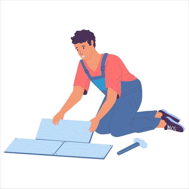 Réparation de la maison ouvrier de dessin animé faisant la rénovation constructeur professionnel homme posant des carreaux de sol ouvrier en combinaison intérieur de l'appartement amélioration du sol travaux de construction de maisons vectorielles