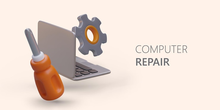 Vecteur réparation d'ordinateur portable diagnostics nettoyage remplacement des pièces recherche et résolution de problèmes concept vectoriel avec rondelle de tournevis pour ordinateur portable ouvert 3d place pour les coordonnées du slogan