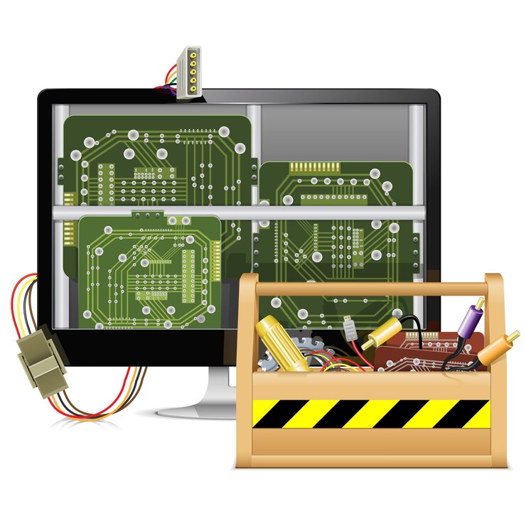 Vecteur réparation d'ordinateurs avec boîte à outils
