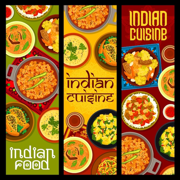 Vecteur repas et plats de cuisine indienne bannières vectorielles