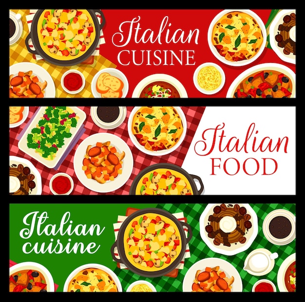 Vecteur repas et plats de cuisine italienne bannières vectorielles