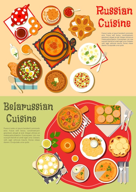 Vecteur repas quotidiens de la cuisine russe et biélorusse