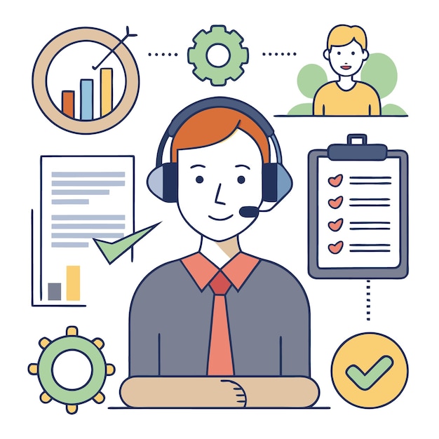 Représentant du service à la clientèle souriant avec un casque entouré d'icônes représentant le soutien à la communication et le succès