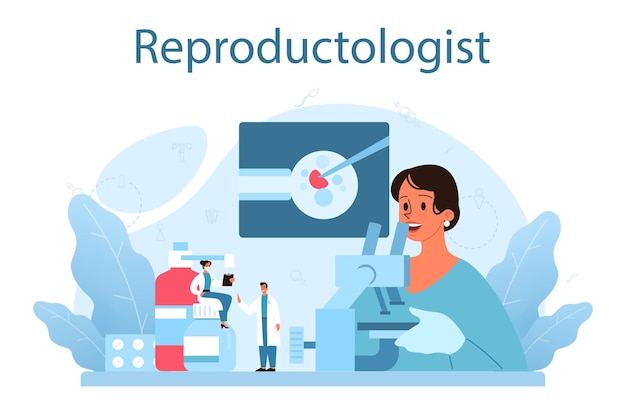 Reproductologue et santé reproductive Recherche sur le matériel biologique de l'anatomie humaine Surveillance de la grossesse et diagnostic médical Illustration isolée en style cartoon