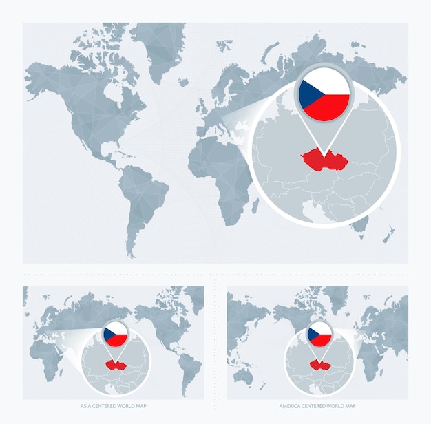 Vecteur république tchèque agrandie sur la carte du monde 3 versions de la carte du monde avec drapeau et carte de la république tchèque