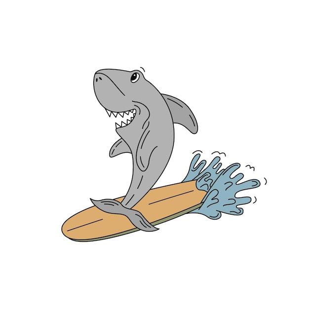 Vecteur un requin chevauche une planche de surf illustration vectorielle plane