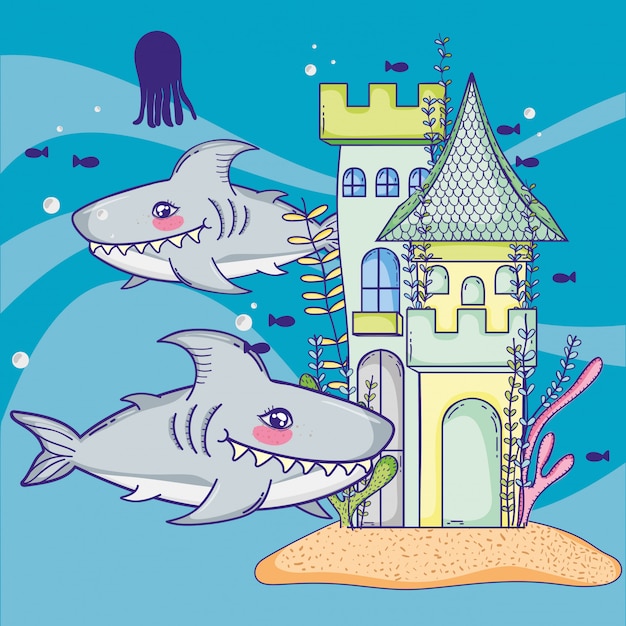 Requins Avec Des Animaux Marins Et De Style Château