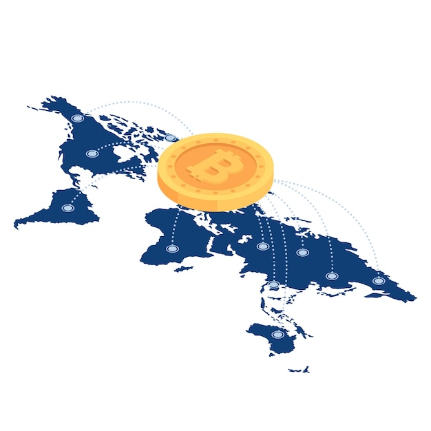 Réseau Bitcoin Isométrique 3d Plat Sur La Carte Du Monde. Concept De Technologie De Crypto-monnaie Et De Blockchain.