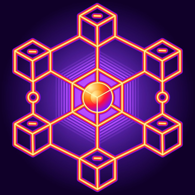 Réseau blockchain orange néon avec un noyau brillant symbolisant la décentralisation et le flux de données