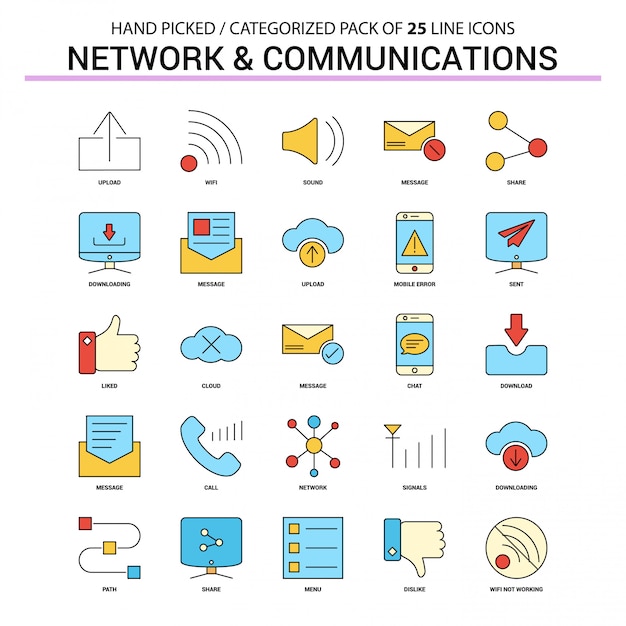 Vecteur réseau et communication ligne plate icon set