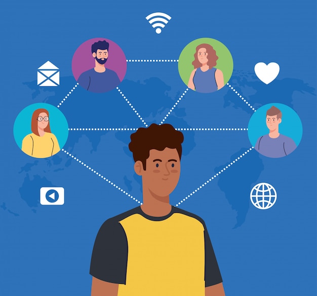 Vecteur réseau de médias sociaux, personnes connectées pour un concept numérique, interactif, de communication et global