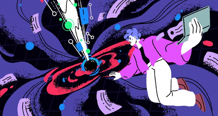 Vecteur réseau neural réalité virtuelle concept d'apprentissage profond personne travaille avec l'intelligence artificielle dans la programmation vr ai humain et technologie de l'information monde numérique illustration vectorielle plate