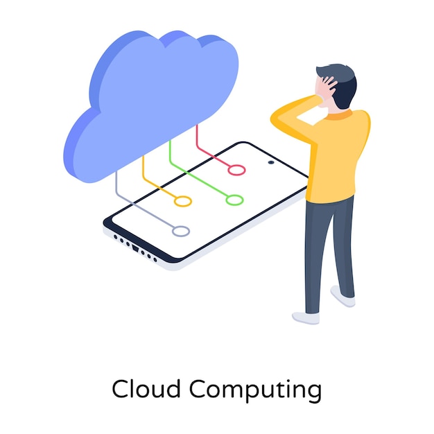 Réseau De Nœuds Cloud Attaché Avec L'icône Isométrique Du Téléphone Du Cloud Computing