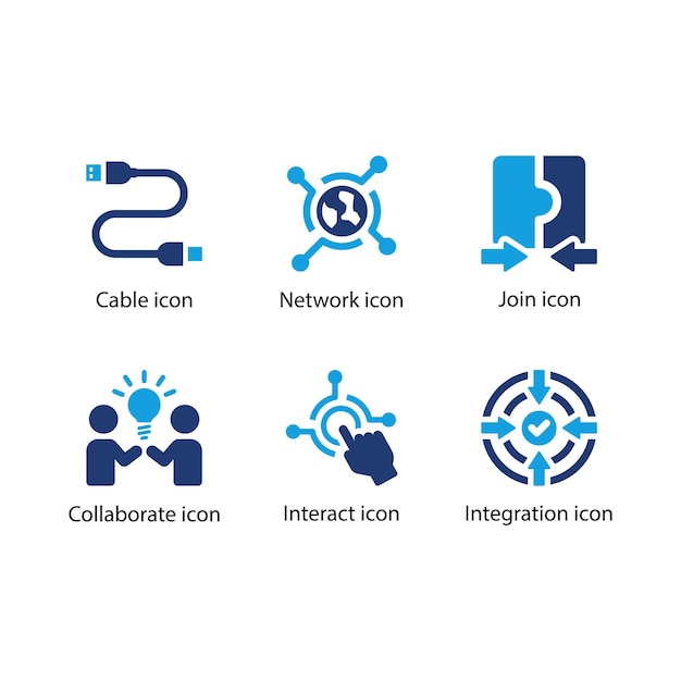Réseau par câble Rejoindre Collaborer Interagir Intégration Iconne bleue