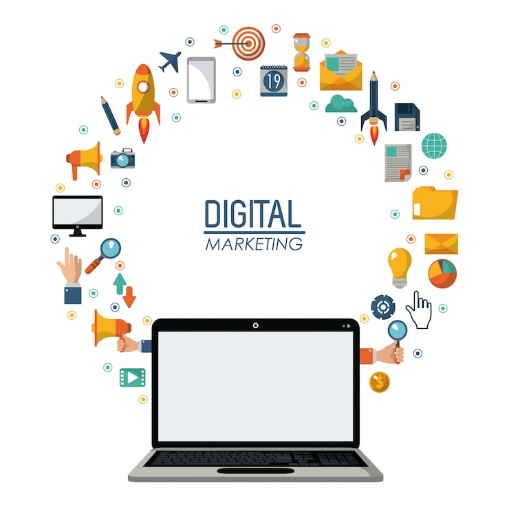 Vecteur réseau de technologie d&#39;ordinateur portable de marketing numérique en ligne