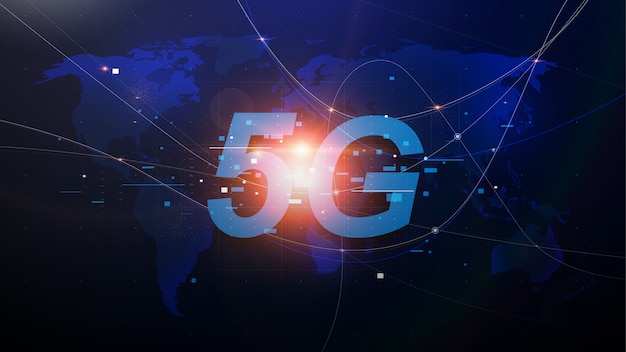 Réseaux 5G nouvelle génération, Internet mobile haut débit. Carte du monde abstrait avec réseau et télécommunications sur terre. Illustration vectorielle