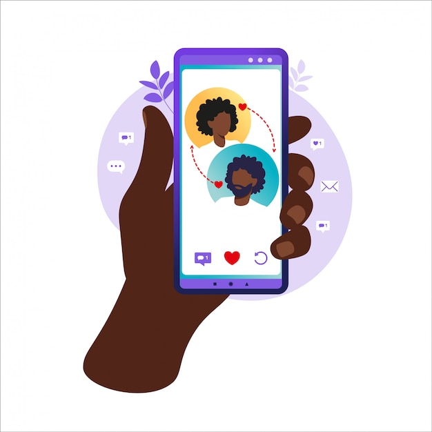 Réseaux Sociaux, Chat, Application De Rencontres. Illustration Vectorielle Pour Les Utilisateurs D'applications De Rencontres En Ligne. Illustration De Plat Homme Africain Et Connaissance De La Femme Dans Le Réseau Social. Illustration Vectorielle à Plat.